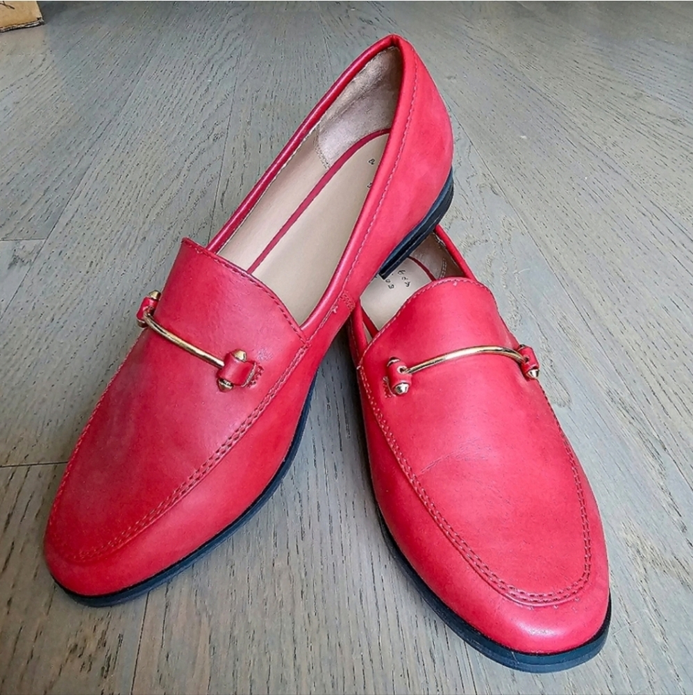 Red Loafer Slip On Flats with Gold Horsebit Accent